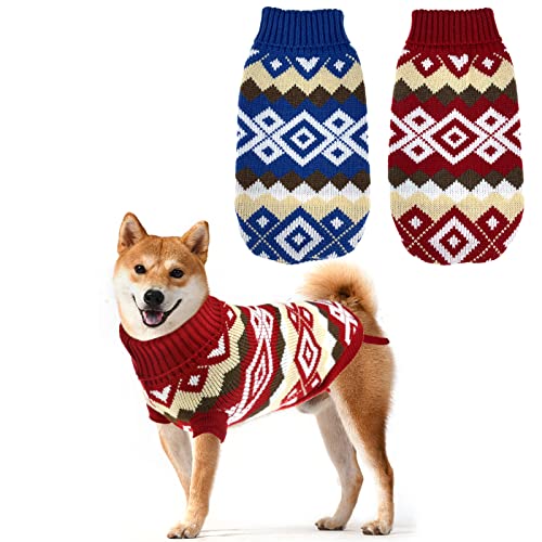 CooShou Hundekleider 2 Stück Weihnachten Hund Pullover Kostüm Katze Strickwaren Hund Xmas Kleidung Blau Weihnachten Rot Pullover mit Diamant Plaid Muster für Kätzchen Katze Welpen XL von CooShou