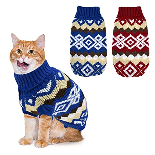 CooShou 2 Stück Weihnachten Hund Pullover Kostüm Katze Strickwaren Weihnachten Hundekleider Kleidung Blau Weihnachten Rot Pullover mit Diamant Plaid Muster für Kätzchen Katze Welpen Hund XXL von CooShou