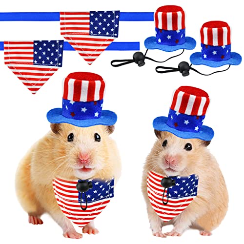 CooShou 4 Stück 4. Juli Kleintiermütze und Bandana Onkel Sam Hasenhut Amerikanische Flagge Meerschweinchen Hamster Bandana Dreieckstuch mit Sternen und Streifen Muster Unabhängigkeitstag von CooShou