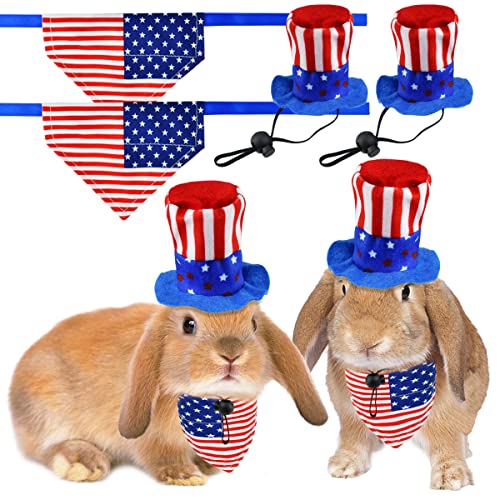 CooShou 4 Stück 4. Juli Kleintiermütze und Bandana Onkel Sam Hasenhut Amerikanische Flagge Meerschweinchen Hamster Bandana Dreieckstuch mit Sternen und Streifen Muster Unabhängigkeitstag von CooShou