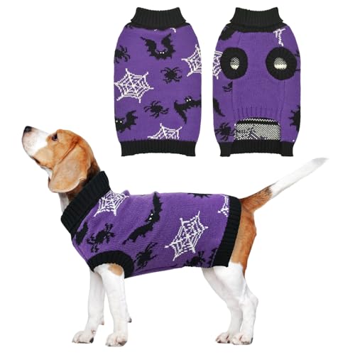 CooShou Halloween-Hundepullover, gruselige Spinnen- und Fledermausmuster, Strickwaren, warmer Hundepullover für kleine, mittelgroße Hunde, Größe L von CooShou