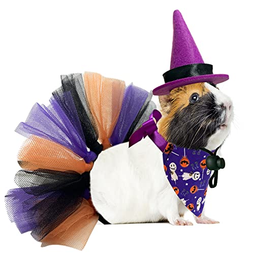 CooShou Halloween-Kostüm für Meerschweinchen, Halloween, Hexenhut, Halloween-Bandana, Dreieckstuch mit Halloween-Kürbis-Mustern, Haustier-Tutu-Rock, Chinchilla, 3 Stück von CooShou