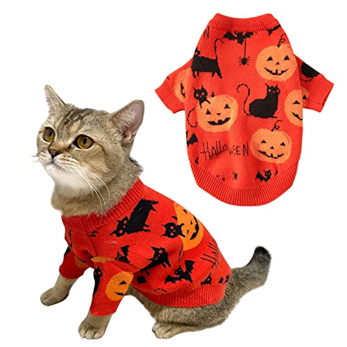 CooShou Halloween Pullover Kostüm Hundeanzug für Hunde Katze Kürbis Strickwaren Kleidung Kostüm mit Kürbis Kätzchen Muster Hund Halloween Pullover Mantel für Kätzchen Kleine Hunde Katzen S von CooShou