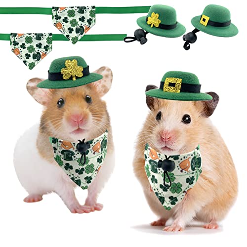 CooShou Kleintier Patrick's Day Hüte und Bandanas 4 Stück Kaninchen Bowler Hut mit Kleeblatt Dekor Kaninchen Häschen Hamster Bandana Dreieckstuch mit Band für Meerschweinchen Frettchen Zuckergleiter von CooShou