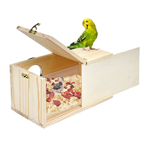 CooShou Sittich Nistkasten Nymphensittich Nistkasten Naturkiefer Vogelnest Vogelzuchtkasten Haus Acryl Transparent Vogelkiste mit abnehmbarem Holzbrett für Nymphensittiche Wellensittiche Konur Papagei von CooShou