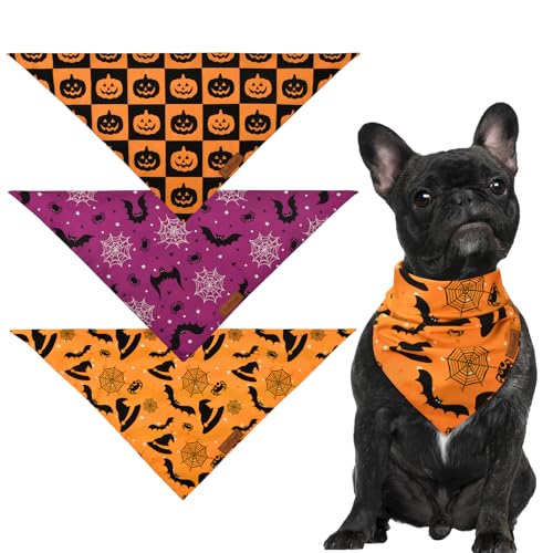 CooShou Wendbare Hundehalstücher für Halloween, Fledermaus, Kürbis, Hexenhut und Süßigkeitenmuster, Halstuch, Halloween, verstellbares Hunde-Lätzchen für kleine, mittelgroße und große Hunde (3 Stück) von CooShou