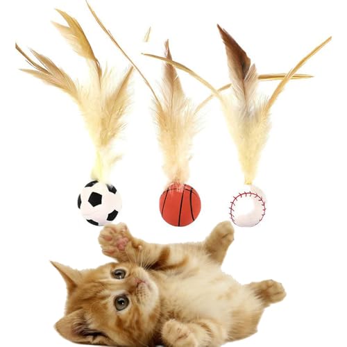 Coogime 3 Stück Katzenspielzeug Ball, Katzenballspielzeug mit Federdesign, Ultra hohe Elastizität Interaktives Katzen Spielzeug Feder von Coogime