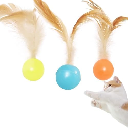 Coogime 6 Stück Katzenspielzeug Gummi Ball, Katzenspielzeug Selbstbeschäftigung Powerball mit Feder, 3 cm Katze Zubehör Bunte Katzenbälle für Haustier, Katze, Kätzchen,Trainingssport, Indoor Outdoor von Coogime