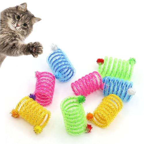 Coogime 6 Stück Katzenspielzeug Spirale, Buntes Kunststoff-Spielzeug mit Pompons, Mehrfarbig Katze Spielzeug, Buntes kreatives Spirale Spielzeug, Neuheit Spielzeug, Spirale für Katze von Coogime