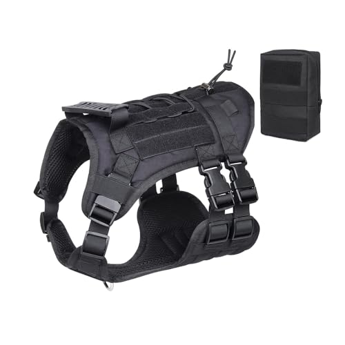 Coogime Hundegeschirr, Hund Taktisches Hundegeschirr + Kleiner Rucksack, Dog Harness, atmungsaktiv Brustgeschirr Geschirr für Große/Mittlere Hunde, Verstellbar, mit Molle-System (Black, L) von Coogime