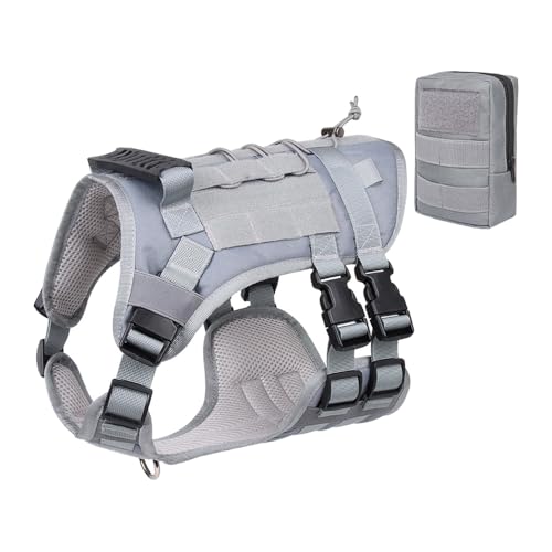 Coogime Hundegeschirr, Hund Taktisches Hundegeschirr + Kleiner Rucksack, Dog Harness, atmungsaktiv Brustgeschirr Geschirr für Große/Mittlere Hunde, Verstellbar, mit Molle-System (Grey, M) von Coogime