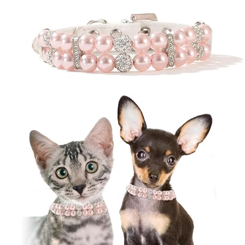 Coogime Hundehalsband mit Diamanten, Perlenkette für Hunde und Katzen, Haustierhalsband mit Perlen, Kleiner Haustierhalskettenschmuck Verstellbare für Hochzeitskatze und Hund (pink, s) von Coogime