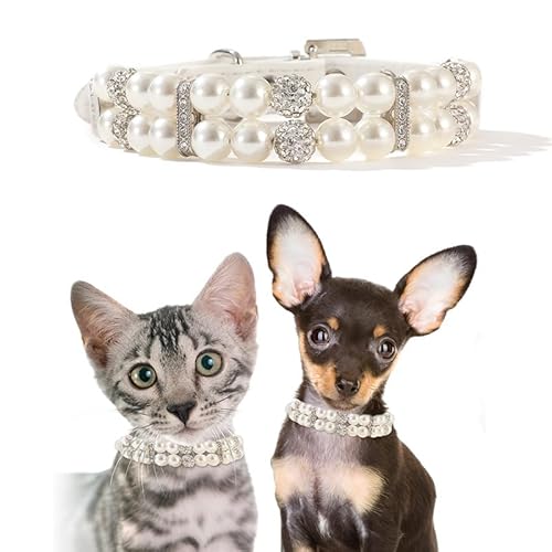 Coogime Hundehalsband mit Diamanten, Perlenkette für Hunde und Katzen, Haustierhalsband mit Perlen, Kleiner Haustierhalskettenschmuck Verstellbare für Hochzeitskatze und Hund (weiß, l) von Coogime