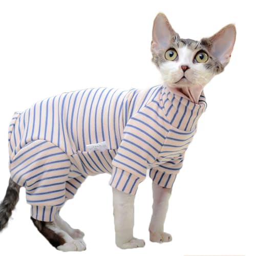 Coogime Katzenpullover, Katzen Kleidung, Atmungsaktive Weiche Pullover FüR Katzen, Katzenmantel Warm, Katzenbekleidung mit Vier Beinen, Katzen-Shirt (Blau-Streifen, 2XL) von Coogime