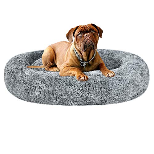 Coohom Ovales beruhigendes Donut-Hundebett, flauschiges Kunstfell, Katzenbett, waschbar, rundes Kissen, Haustierbett (76.2 cm/91.4 cm) für kleine, Größe L (76.2 x 61 x 17.8 cm), grau) von Coohom