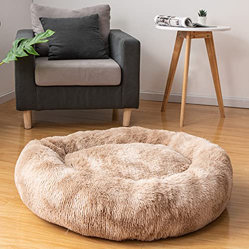 Ovales beruhigendes Donut-Kuschel-Hundebett, Shag Kunstfell, Katzenbett, waschbar, Haustierbett (76.2 cm/91.4 cm/109.2 cm) für kleine, mittelgroße Hunde (L (76.2x61x17.8 cm) Beige 20 21) von Coohom