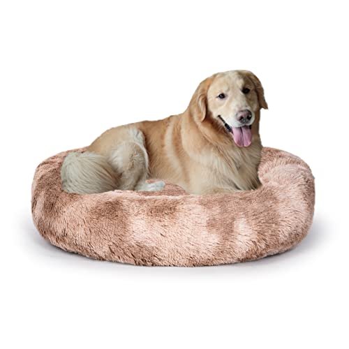 Ovales beruhigendes Donut-Kuschel-Hundebett, Shag Kunstfell, Katzenbett, waschbar, Haustierbett (76.2 cm/91.4 cm/109.2 cm) für kleine, mittelgroße Hunde (XL (91.4x68.6x17.8 cm) Beige 20 21) von Coohom