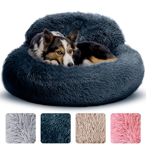 Angstbett für Hunde, rund, rutschfest und waschbar, Bett in Donut-Form für kleine, mittlere und große Hunde, Bett aus Kunstpelz, 80 cm, für Tiere bis 45 kg, Dunkelgrau von CookHomely