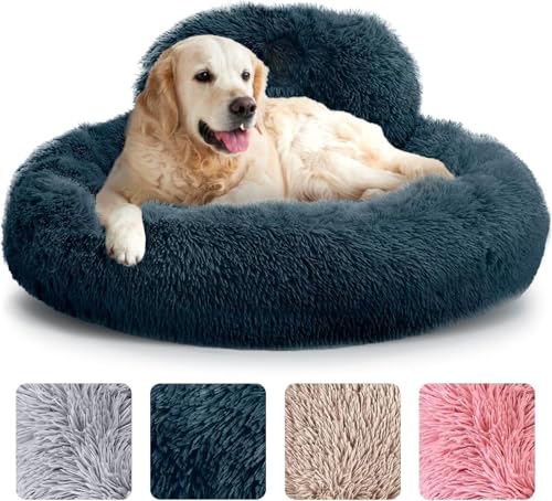 Angstbett für Hunde, rund, rutschfest und waschbar, Bett in Donut-Form für kleine, mittlere und große Hunde, Bett aus Kunstpelz, Plüsch, 90 cm, für Tiere bis 100 lbs, dunkelgrau von CookHomely