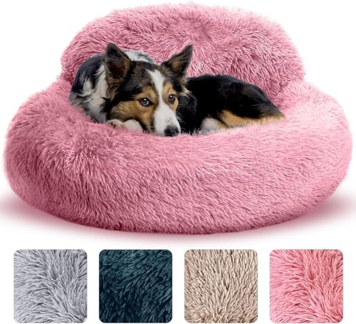 Angstbett für Hunde, rundes Bett, rutschfest und waschbar, Bett in Donut-Form für kleine, mittlere und große Hunde, Bett aus Kunstpelz, Plüsch, 80 cm, für Tiere bis 45 lbs, Rosa von CookHomely