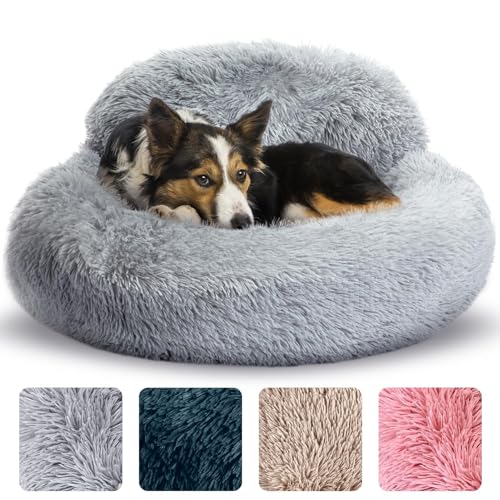 Angstbett für Hunde, rundes Bett, rutschfest und waschbar, Bett in Donut-Form für kleine, mittlere und große Hunde, Bett aus Kunstpelz, Plüsch, 80 cm, für Tiere bis 45 lbs, grau von CookHomely