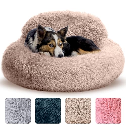 CookHomely - Hundebett, rund, rutschfest und waschbar, Donut-Form, Kunstpelz aus Plüsch, Beige, M (80x80x20cm), für Hunde bis 45 lbs von CookHomely