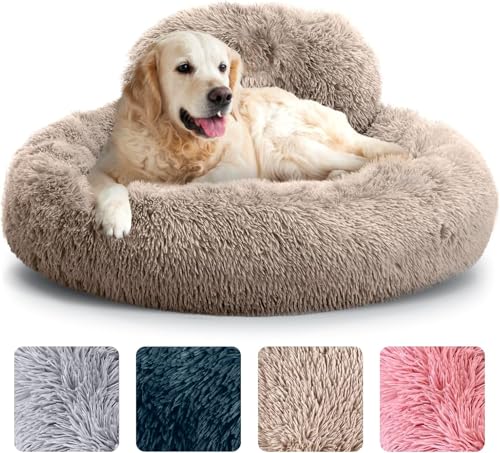 Angstbett für Hunde, rundes Bett, rutschfest und waschbar, Bett in Donut-Form für kleine, mittlere und große Hunde, Bett aus Kunstpelz aus Plüsch – 90 cm, für Tiere bis 100 lbs, Beige von CookHomely