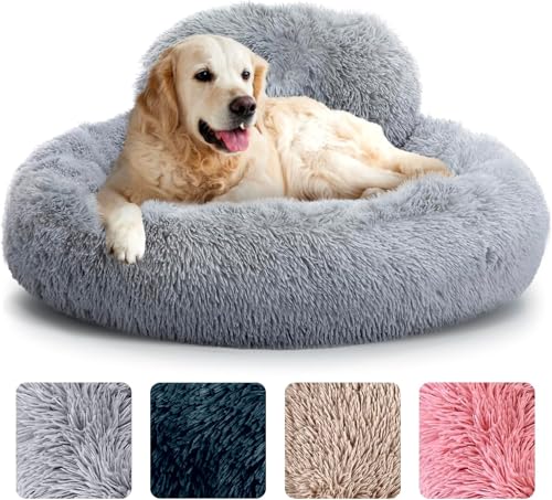 Angstbett für Hunde, rundes Bett, rutschfest und waschbar, Bett in Donut-Form für kleine, mittlere und große Hunde, Bett aus Kunstpelz aus Plüsch – 90 cm, für Tiere bis 100 lbs, grau von CookHomely