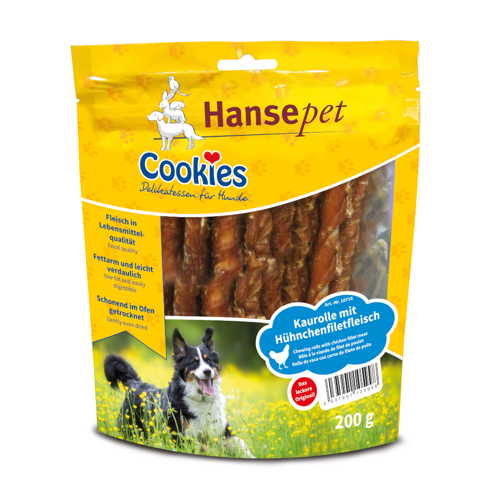 4 + 1 gratis! 5 x Hansepet Cookies Hundesnacks - Kaurolle mit Hühnchenfiletstreifen (5 x 200 g) von Cookie's