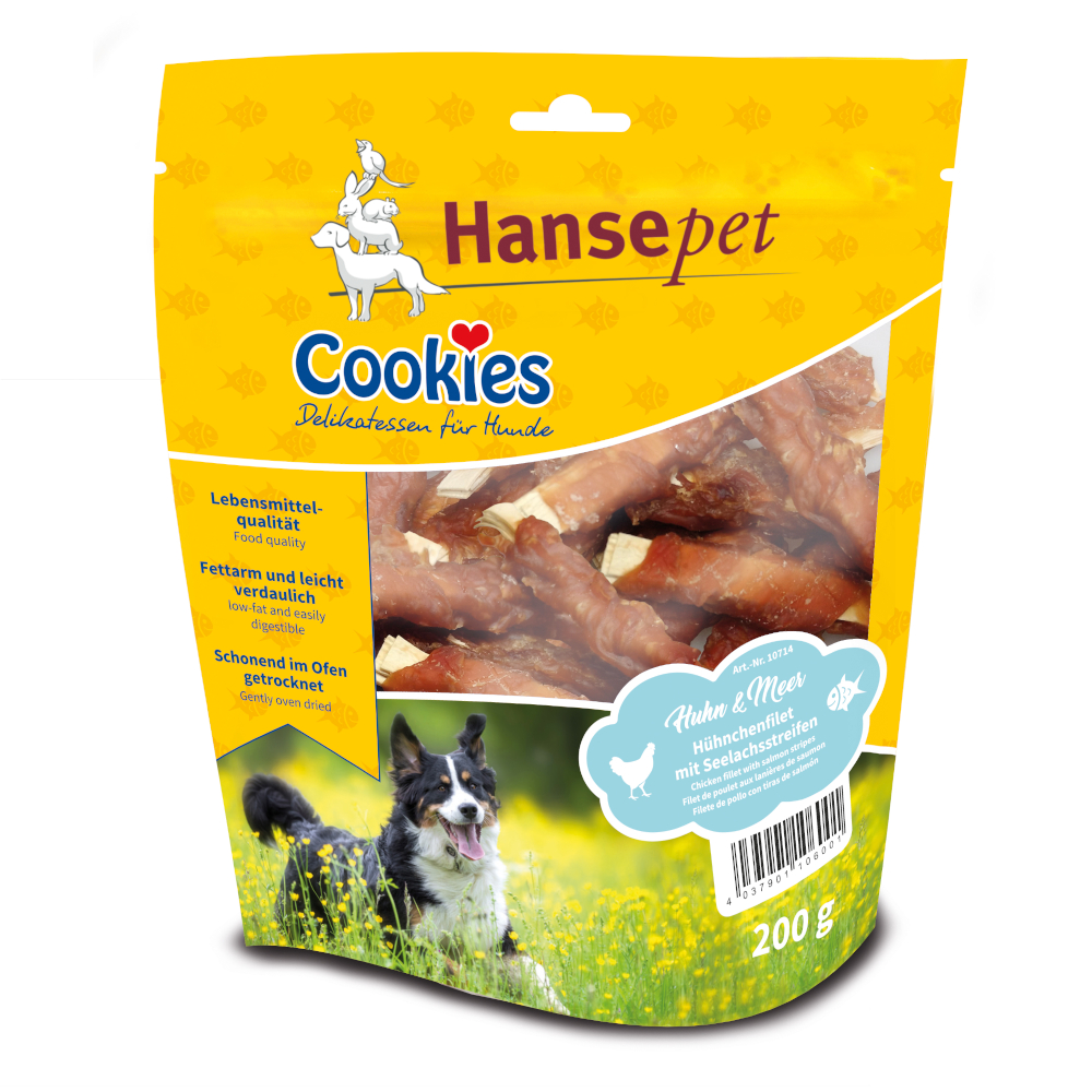 4 + 1 gratis! 5 x Hansepet Cookies Hundesnacks - Seelachsstreifen mit Hähnchenfilet (5 x 200 g) von Cookie's