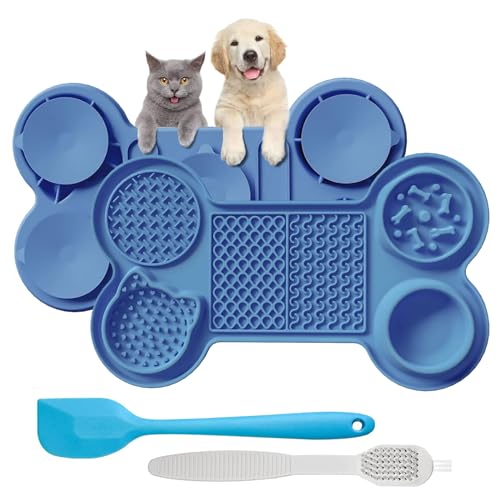 Cooltto 6 in 1 Schleckmatte Hund Katze Silikon Leckmatte Hund mit Spachtel und Pinsel Futtermatten mit Saugnapf Slow Feeder Matte Haustier für Hunde Baden Trainieren Fellpflege Klauenpflege (Blau) von Cooltto