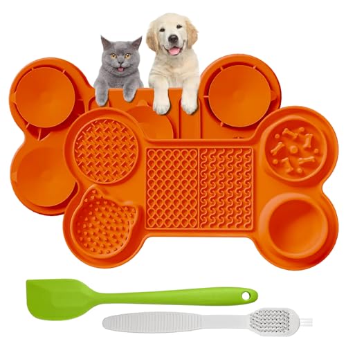 Cooltto 6 in 1 Schleckmatte Hund Katze Silikon Leckmatte Hund mit Spachtel und Pinsel Futtermatten mit Saugnapf Slow Feeder Matte Haustier für Hunde Baden Trainieren Fellpflege Klauenpflege (Orange) von Cooltto