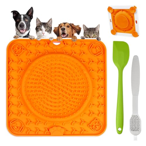 Cooltto Schleckmatte Hund Katze Silikon Leckmatte Hund mit Spachtel Pinsel Futtermatten mit Saugnapf und Grundrahmen Slow Feeder Haustier für Hunde Baden Trainieren Fellpflege Klauenpflege (orange) von Cooltto