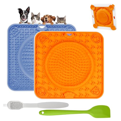 Cooltto Schleckmatte Hund Katze Silikon Leckmatte Hund mit Spachtel und Pinsel Futtermatten mit Saugnapf Slow Feeder Matte Haustier für Baden Trainieren Fellpflege Klauenpflege (Orange + Dunkelblau) von Cooltto