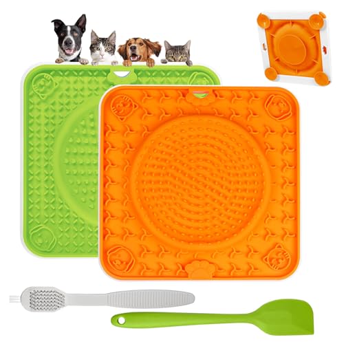 Cooltto Schleckmatte Hund Katze Silikon Leckmatte Hund mit Spachtel und Pinsel Futtermatten mit Saugnapf Slow Feeder Matte Haustier für Hunde Baden Trainieren Fellpflege Klauenpflege (Orange + Grün) von Cooltto