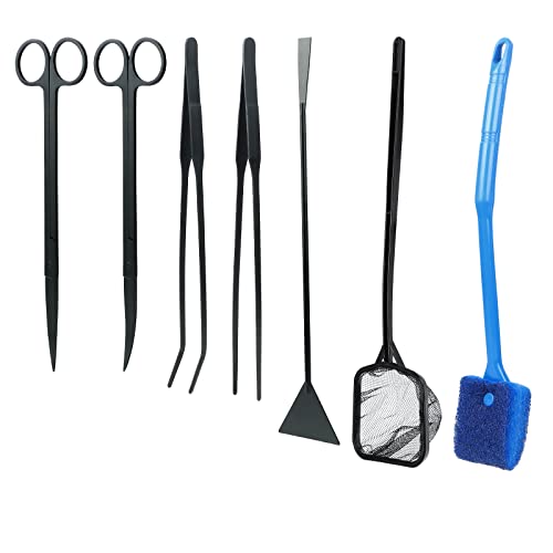 Coolty Aquatic Plant Aquascaping Tools Kit, Edelstahl-Scherenpinzette, Spachtel, Aquarium-Reinigungswerkzeuge, Aquarium-Starter-Kits mit Fischernetz und Aquarium-Algenschaber von Coolty