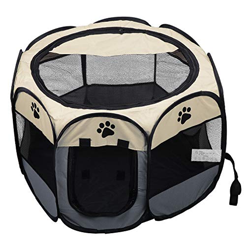 Coolty Tragbarer faltbarer Haustier-Laufstall, 8-Panel-Zwinger, Haustierzelt für Hunde, Katzen, Kaninchen und Kleintiere, 91 x 91 x 58 cm (Beige + Grau) von Coolty