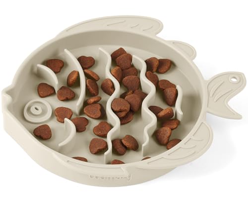 Coomazy 2 in 1 Silikon Slow Feeder Hund Katze Schüssel, Leckmatte Interaktives Puzzle Spielzeug für Haustiere Futter Training, hält Hunde Katzen beschäftigt, verhindert Puppy Kitty Überessen (Beige, von Coomazy