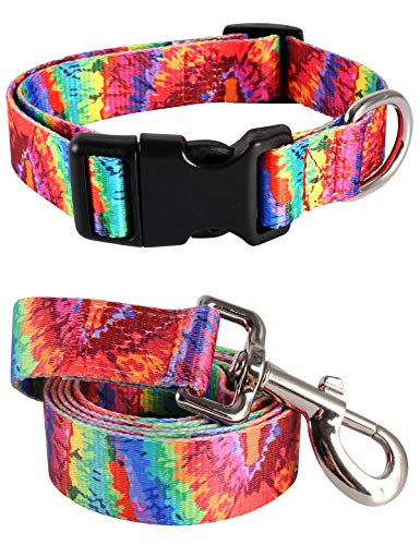 Coomour Hundehalsband, lustiges Regenbogen-Design, verstellbar, mit niedlicher Batik-Leine für kleine, mittelgroße und große Hunde, Katzen, mehrfarbiges Halsband-Set (groß) von Coomour