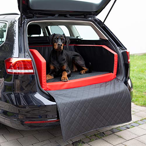 CopcoPet - Travel Bed Hundebett für Kofferraum 100x80cm Kunstleder - Kofferraumschutz Hund wasserabweisend & kratzfest - Hundebett Auto rutschfest & robust mit Schutzdecke - Hundereisebett Rot/Schwarz von CopcoPet