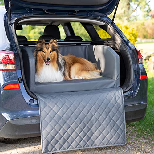 CopcoPet - Travel Bed Hundebett für Kofferraum 110x90 cm Kunstleder - Kofferraumschutz Hund wasserabweisend & Kratzfest - Hundebett Auto rutschfest & robust mit Schutzdecke - Reisebett Hund Grau von CopcoPet