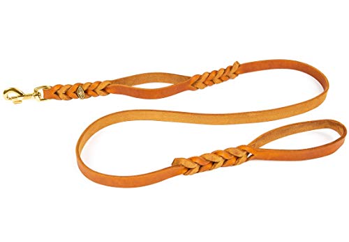 Hundeleine Lederleine Fettlederleine mit 2 Handgriffen, 1,75 m x 15 mm, Cognac, Bolzenhaken aus Messing von CopcoPet - Hundeleine