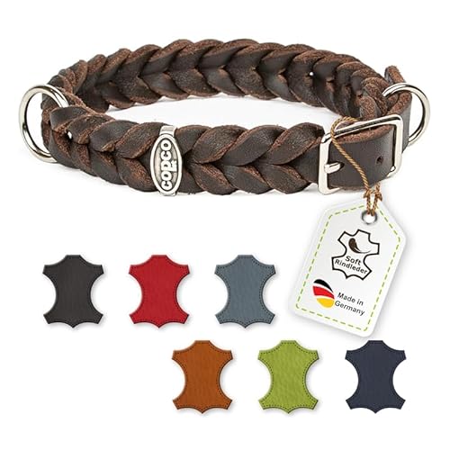 CopcoPet Fettleder Hundehalsband geflochten mit Dornschließe Messing Handarbeit aus Deutschland Lederhalsband Braun 15 mm Breite 30-34 cm Halsumfang von CopcoPet