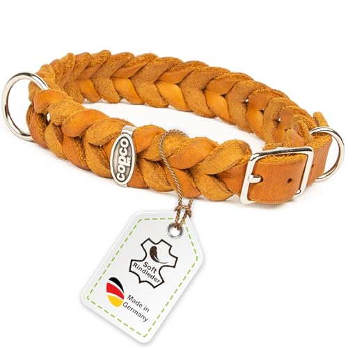 CopcoPet Fettleder Hundehalsband geflochten mit Dornschließe verchromt Handarbeit aus Deutschland Lederhalsband Cognac 15 mm Breite 25-29 cm Halsumfang von CopcoPet