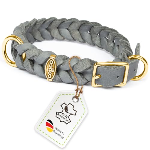 CopcoPet Fettleder Hundehalsband geflochten mit Dornschließe Messing Handarbeit aus Deutschland Lederhalsband Grau 15 mm Breite 25-29 cm Halsumfang von CopcoPet