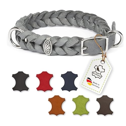 CopcoPet - Fettleder Halsband, Grau, 15 mm Breite, 35-39 cm Halsumfang, geflochten mit Dornschließe Messing, geflochtenes Hundehalsband, Handarbeit aus Deutschland, hochwertiges Rindsleder von CopcoPet