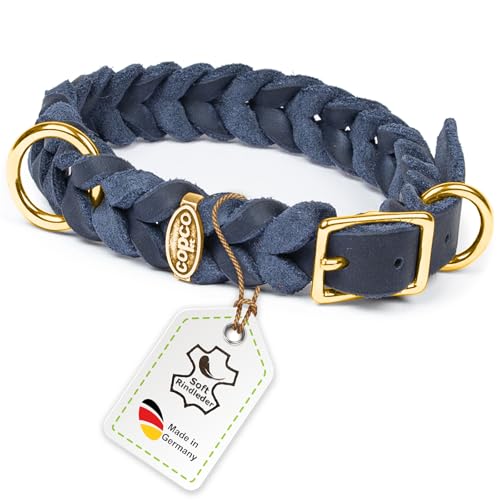 CopcoPet Fettleder Hundehalsband geflochten mit Dornschließe Messing Handarbeit aus Deutschland Lederhalsband Marineblau 15 mm Breite 25-29 cm Halsumfang von CopcoPet