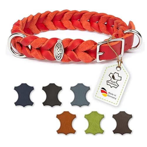 CopcoPet - Fettleder Halsband, Rot, 15mm Breite, 40-44 cm Halsumfang, geflochten mit Dornschließe verchromt, geflochtenes Hundehalsband, Handarbeit aus Deutschland, hochwertiges Rindsleder von CopcoPet