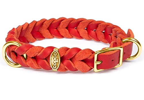 CopcoPet Fettleder Hundehalsband geflochten mit Dornschließe Messing Handarbeit aus Deutschland Lederhalsband Rot 20 mm Breite 50-55 cm Halsumfang von CopcoPet