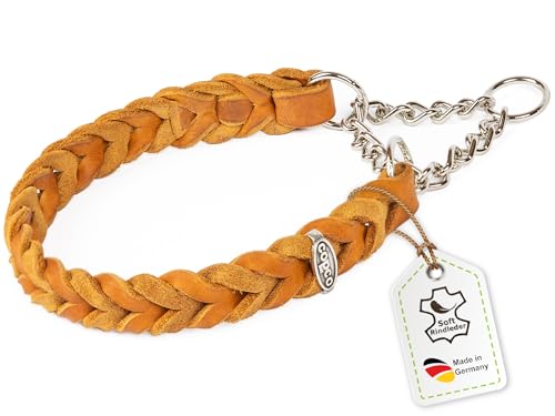 CopcoPet - Fettleder Halsband geflochten mit Zugstop Kette, Cognac 40-45 cm x 20 mm von CopcoPet